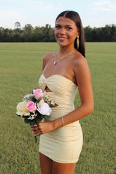 Elegant Strapless Yellow Ruched Bodycon Homecoming Dress with Cutout Detail